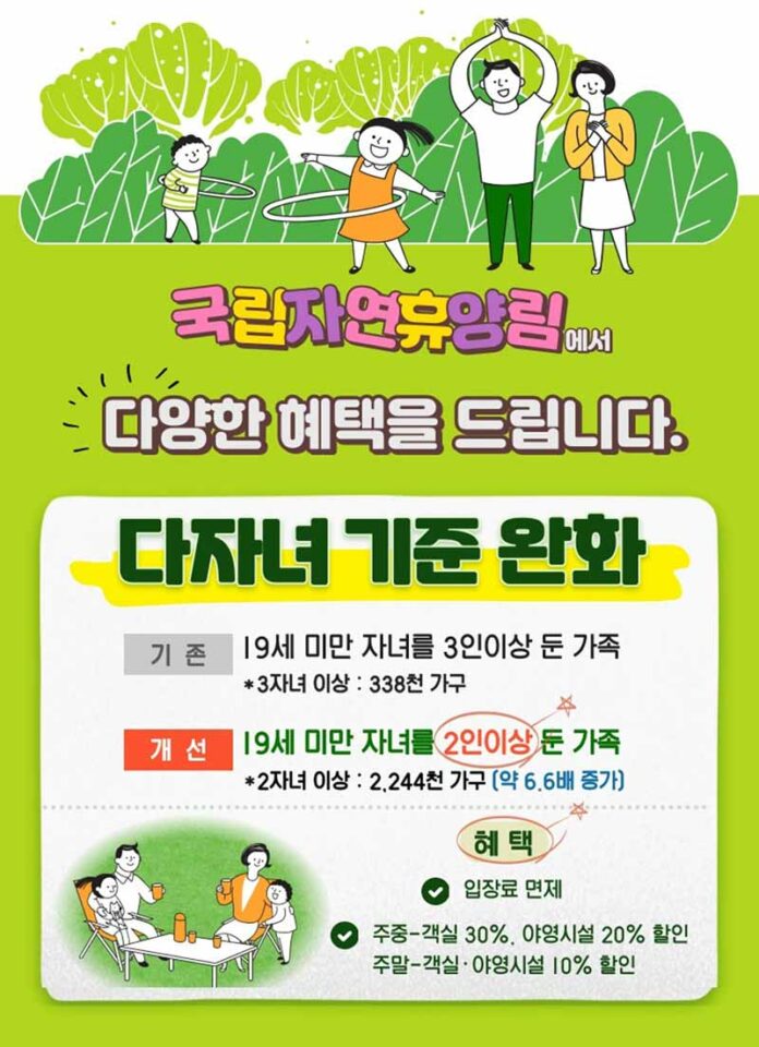 국립자연휴양림 다자녀가구 기준 완화 안내