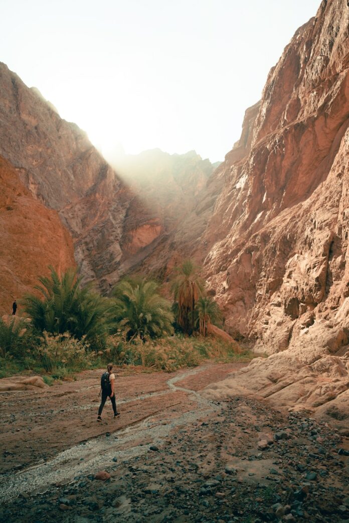 Photo by NEOM a man walking down a dirt road next to a mountain